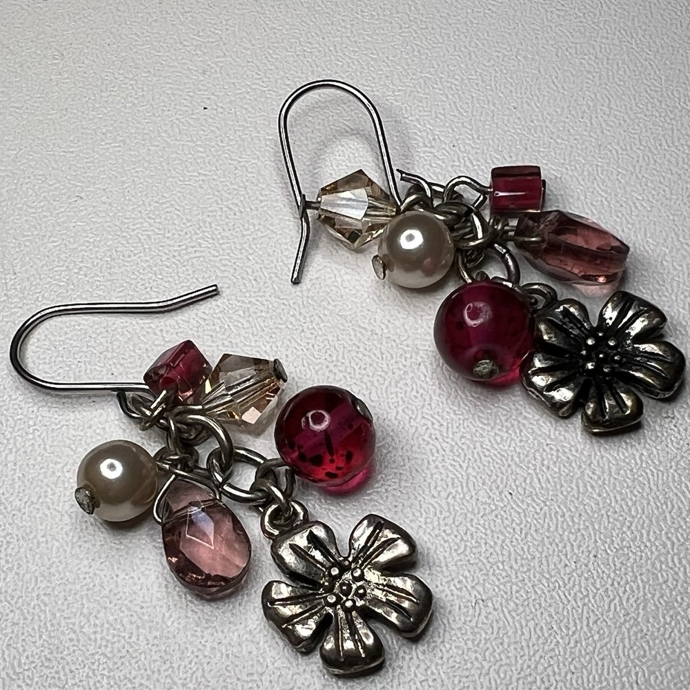 Vintage Chico Pierced‎ Cluster Earrings Pink Crystal Flower Charms Faux Pearls